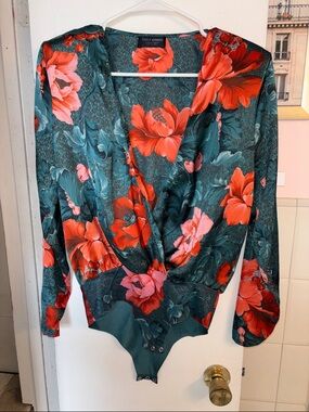 Zara Teal Floral Wrap-Front Red & Pink Long-Sleeve Bodysuit